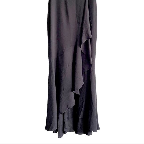 BCBGMAXAZRIA Cape Sleeve V-Neck Asymmetrical Ruffle Maxi Dress Black 6 - Picture 4 of 6